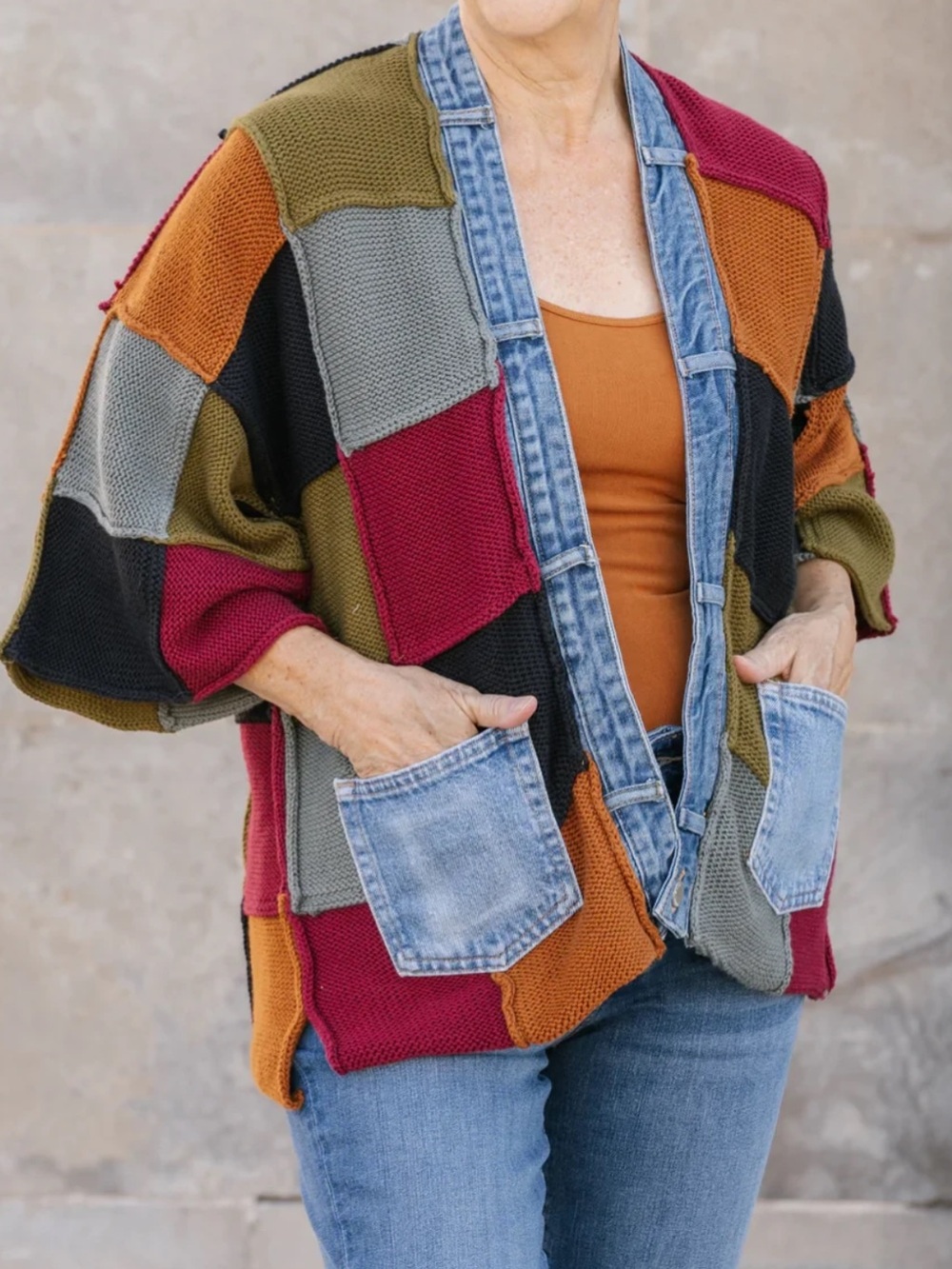 Shannon Passero O/S Patchwork Cardigan Sweater Denim Trim Cotton Boho Artwear*35